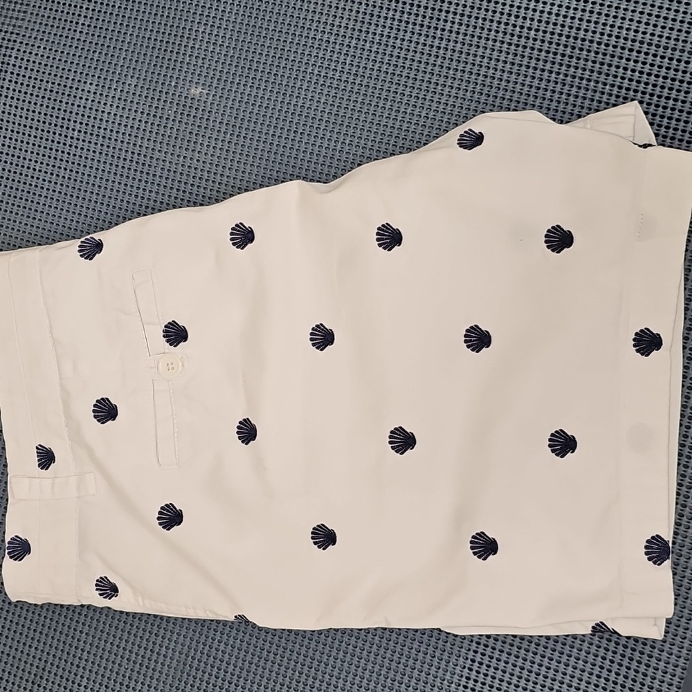 British Khaki White Shorts with Navy Shell Embroidered Pattern